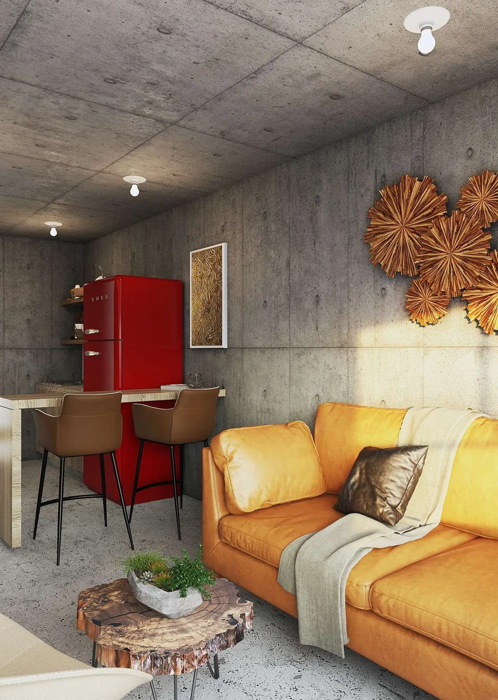 Sala con acabados en concreto a la vista